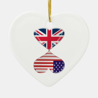 Kissing USA and UK Hearts Flags Art Christmas Ornament