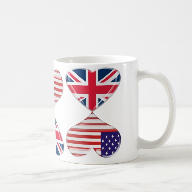 Kissing USA and UK Hearts Flags Art Coffee Mug (Right)