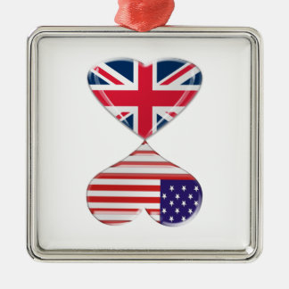 Kissing USA and UK Hearts Flags Art Metal Tree Decoration