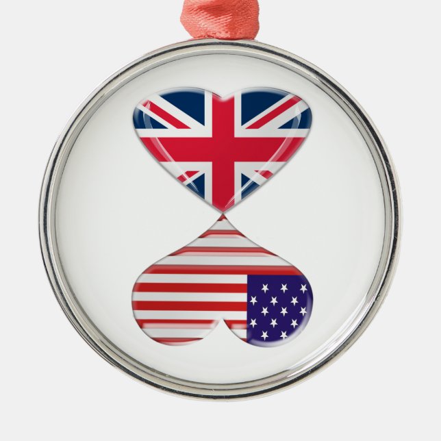 Kissing USA and UK Hearts Flags Art Metal Tree Decoration (Front)