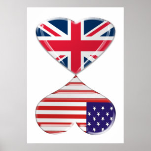Kissing USA and UK Hearts Flags Art Poster