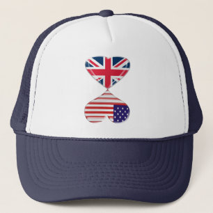 Kissing USA and UK Hearts Flags Art Trucker Hat