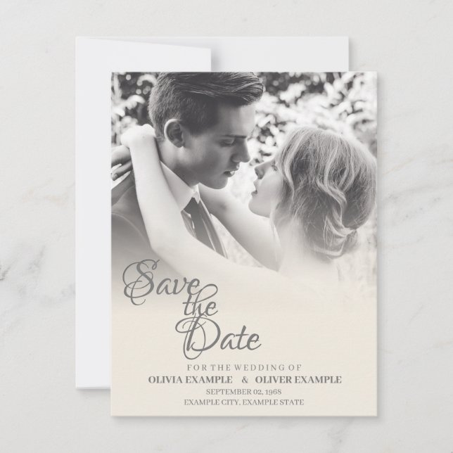 Kissing wedding couple in monochrome RSVP card (Front)