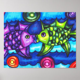 Kissy Fish whimsical colourful ocean animal art Poster