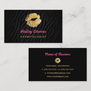 Kissy Lips Gold and Black Zebra Print Makeup Business Card