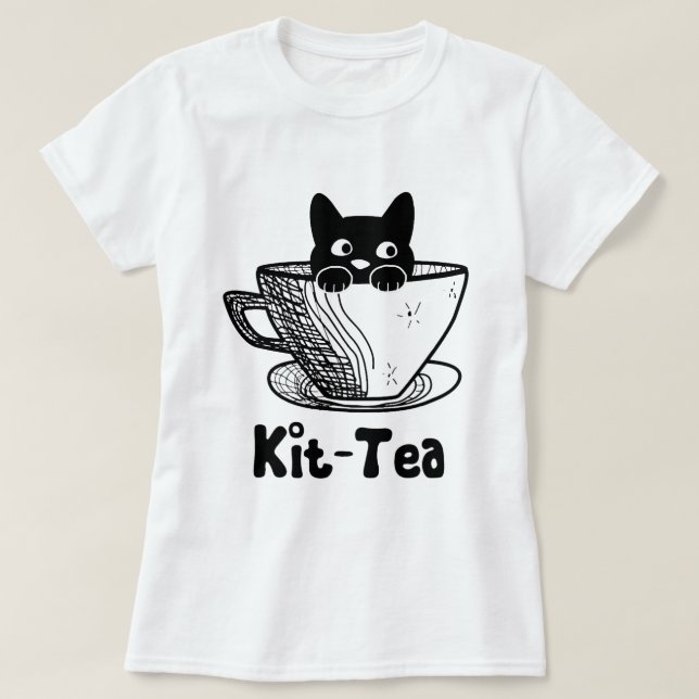 Kit Tea Funny Kitty Cat Lover Pun Cute Black Cat i T-Shirt (Design Front)