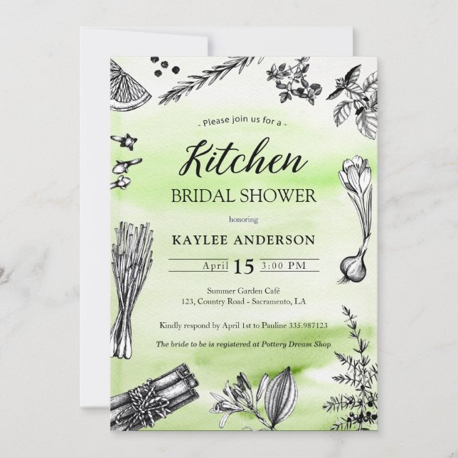 Kitchen Bridal Shower herbs spices green splashes Invitation (Front)