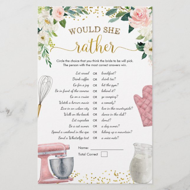 Kitchen Bridal Shower Would She Rather Games (Front)