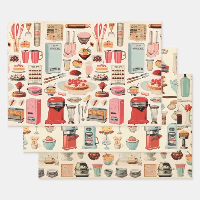 Kitchen Cakes and Tools Retro Wrapping Paper Sheet (Set)
