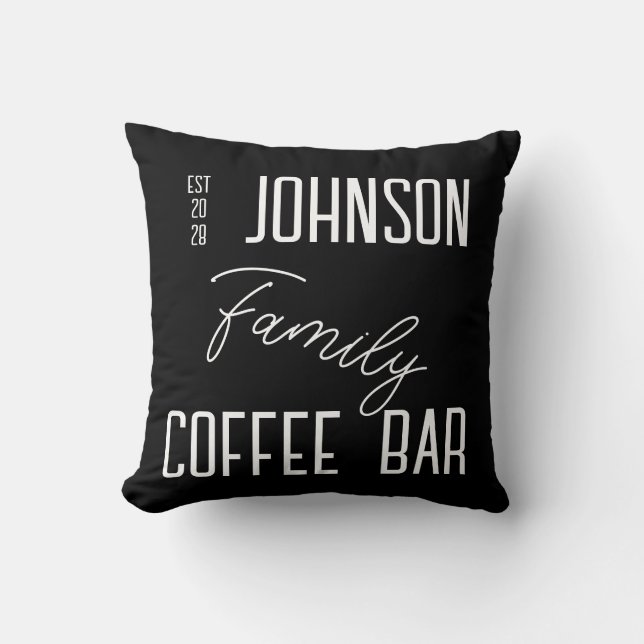 Kitchen Coffee Bar Family Name Black and White Cushion (Front)