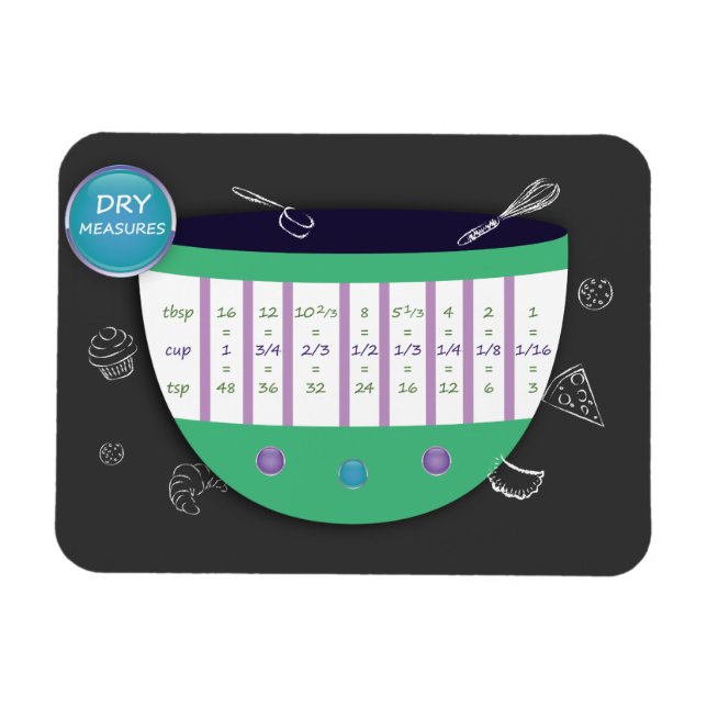 KITCHEN CONVERSION CHART - DRY MEASURES. COOKING MAGNET (Horizontal)