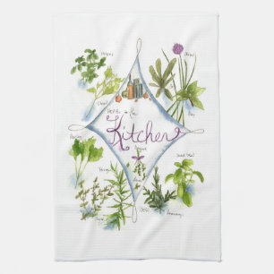 Kitchen Cooking Herbs Watercolor Illustration Art Tea Towel