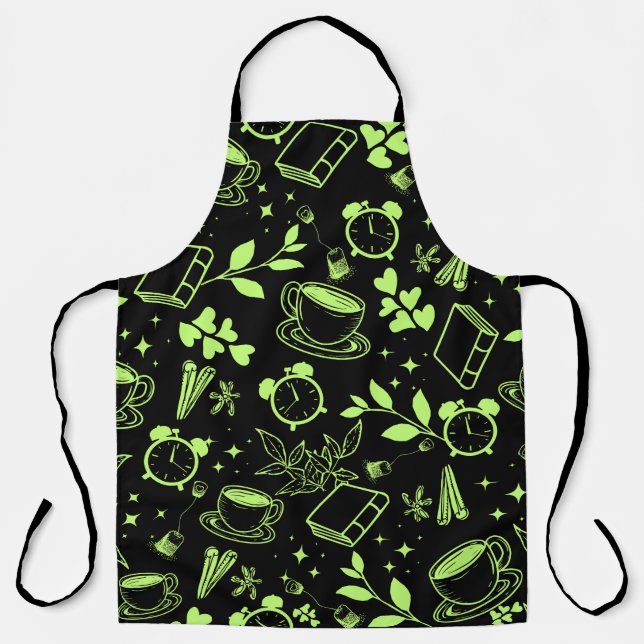 kitchen dining cute tea coffee book green pattern apron (Front)
