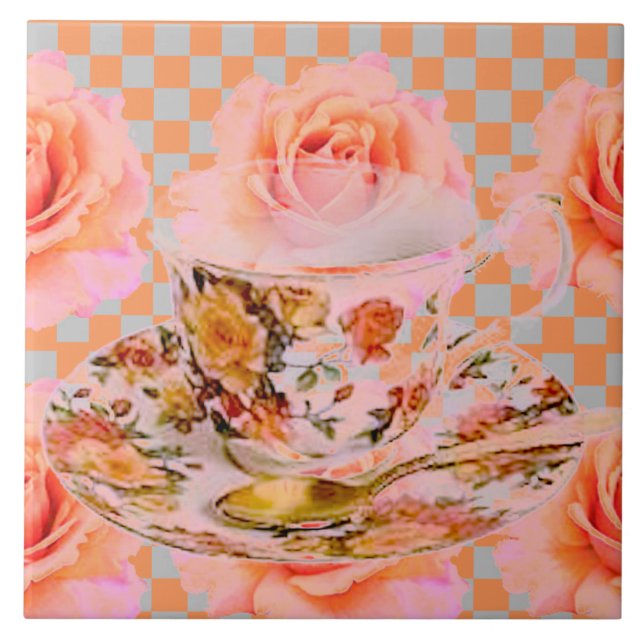 KITCHEN DREAM-TEA ROSES & GOLD TEACUP TILE (Front)