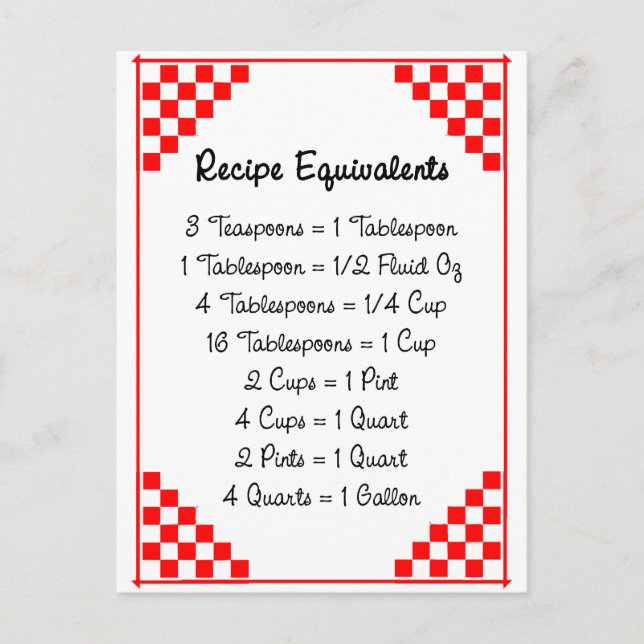 Kitchen Equivalents Red Checked Recipe Card (Front)
