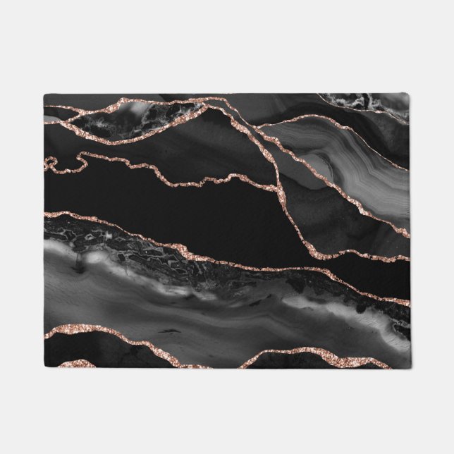 Kitchen Floor Mat - Black Rose Gold Faux Glittter  (Front)
