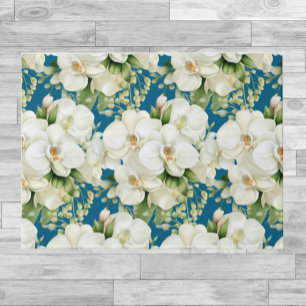 Kitchen Floor Mat - White Orchids Ocean Blue
