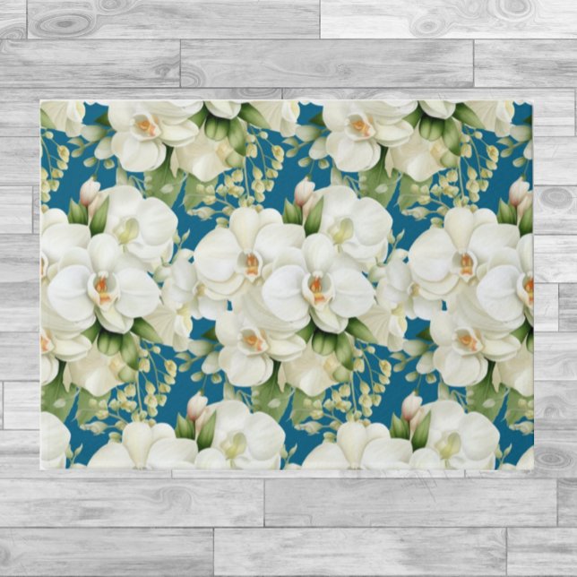Kitchen Floor Mat - White Orchids Ocean Blue (Creator Uploaded)