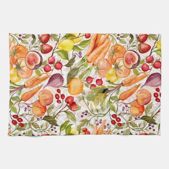 Kitchen Garden Harvest Watercolor Fruit & Veggie Tea Towel (Horizontal)
