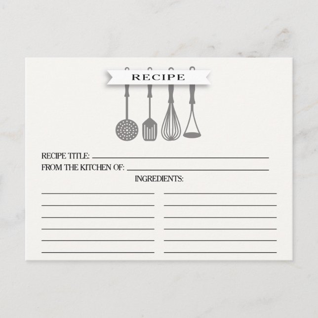 Kitchen Grey Utensils Bridal Shower Recipe Cards (Front)