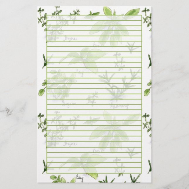 Kitchen Herbs Watercolor Rosemary Basil Lined Stationery (Front)