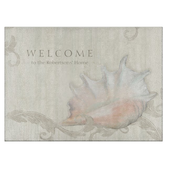 Kitchen Hostess Gift Beach Seashells Conch w Wood Cutting Board (Front)