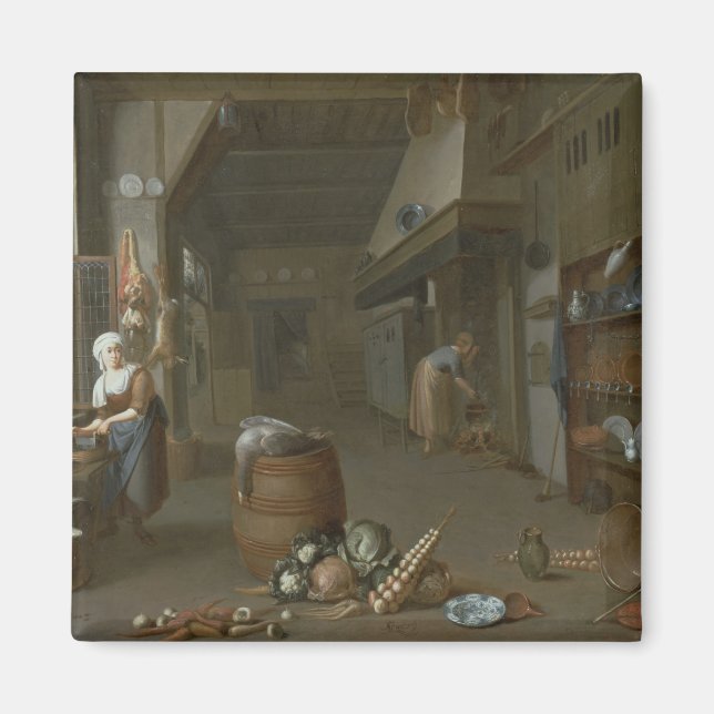 Kitchen interior with two maids preparing food magnet (Front)