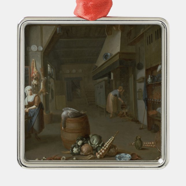 Kitchen interior with two maids preparing food metal tree decoration (Front)