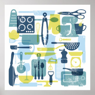 Kitchen Items in Retro Colours Square Poster