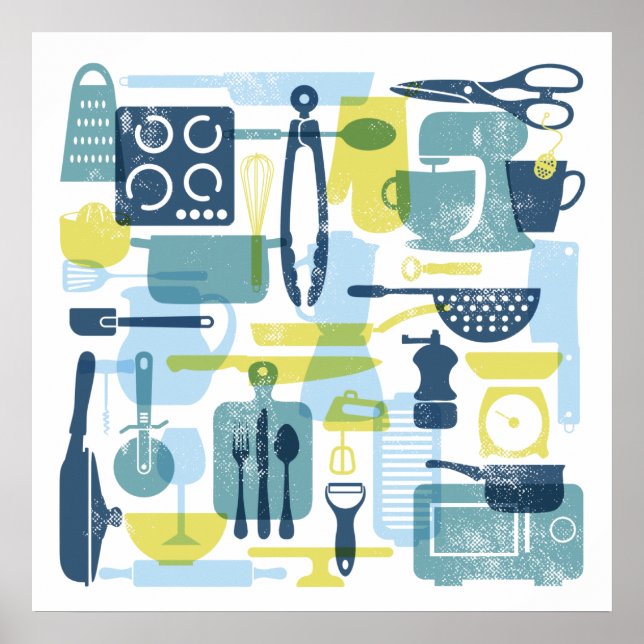 Kitchen Items in Retro Colours Square Poster (Front)