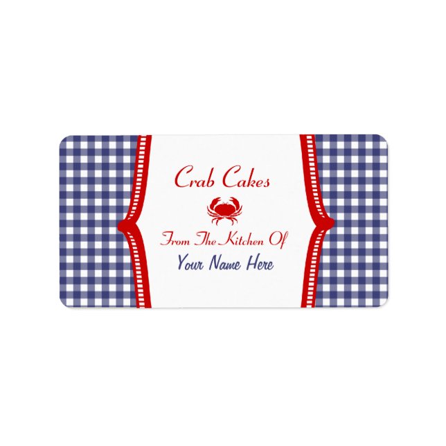 Kitchen Label - Blue Gingham And Red "Crab Cakes" (Front)