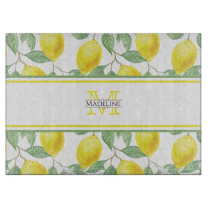 Kitchen Lemons and Leaves Custom Monogram Cutting Board