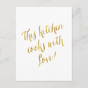 Kitchen Love Quote Faux Gold Foil Pattern Cooking Postcard