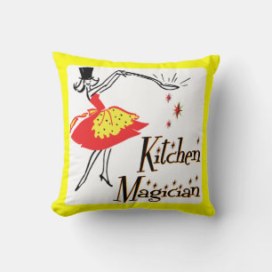 Kitchen Magician Retro Cooking Art Yellow Border Cushion
