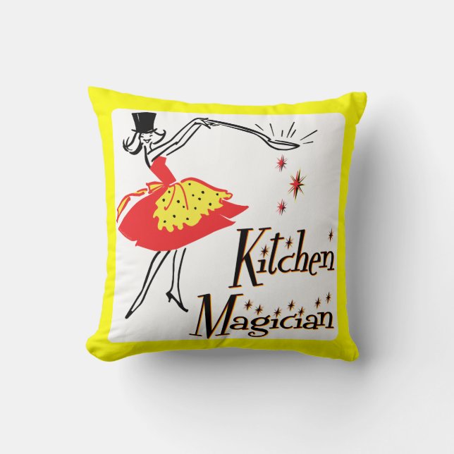 Kitchen Magician Retro Cooking Art Yellow Border Cushion (Front)