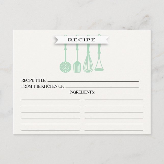Kitchen Mint Utensils Bridal Shower Recipe Cards (Front)