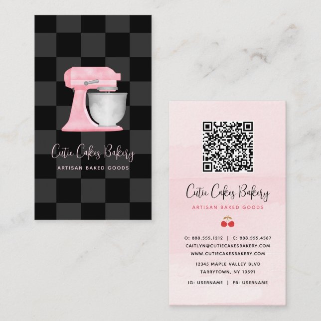 Kitchen Mixer Blush Pink Black Chequered QR Code Business Card (Front/Back)