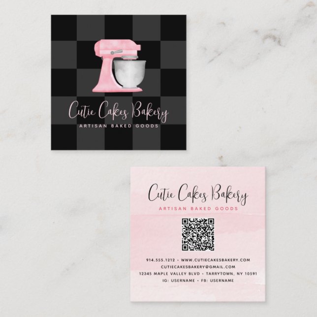 Kitchen Mixer Blush Pink QR Code Black Chequered Square Business Card (Front/Back)