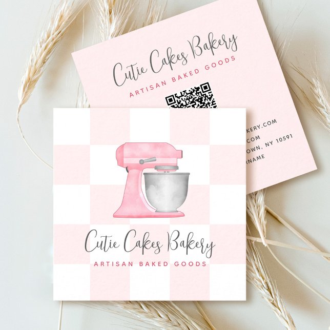 Kitchen Mixer Blush Pink QR Code Chequered Bakery Square Business Card (Creator Uploaded)