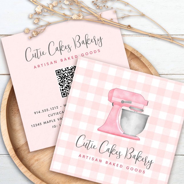 Kitchen Mixer QR Code Blush Pink Gingham Bakery Square Business Card (Creator Uploaded)