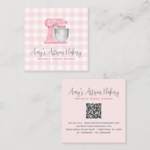 Kitchen Mixer QR Code Blush Pink Gingham Bakery Square Business Card