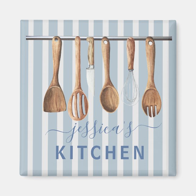 Kitchen Monogram Recipes Utensils Modern Blue Magnet (Front)