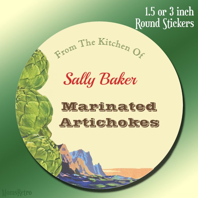 Kitchen Of Retro Artichokes Editable Recipe Classic Round Sticker (Kitchen Of Retro Artichokes Editable Recipe Classic Round Sticker)