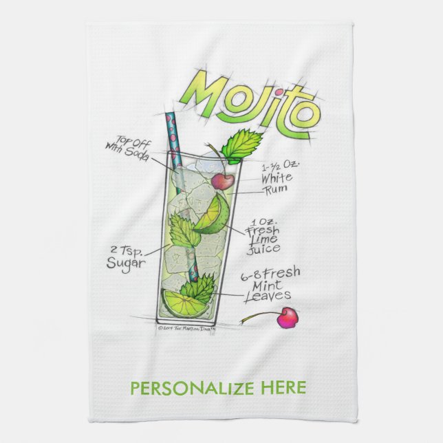 KITCHEN or BAR TOWELS - MOJITO RECIPE COCKTAIL ART (Vertical)