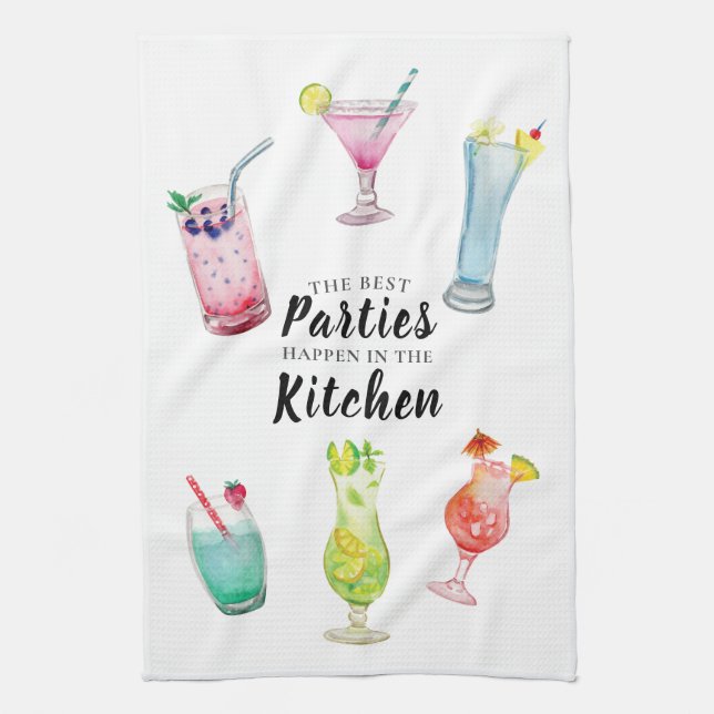 Kitchen Party Tropical Drinks Watercolor Tea Towel (Vertical)