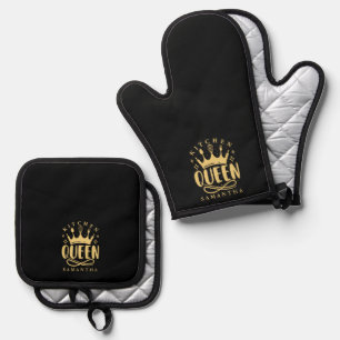 Kitchen Queen Gold Crown Custom Name Oven Mitt & Pot Holder Set