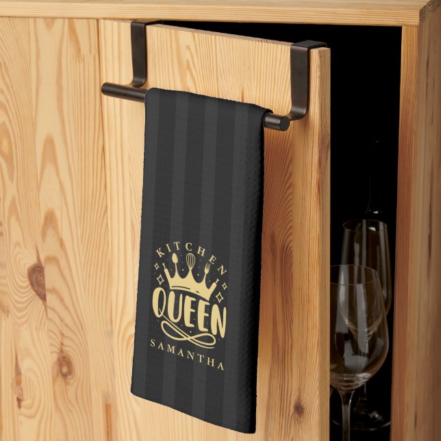 Kitchen Queen Gold Crown Custom Name Tea Towel (Thirds Fold)