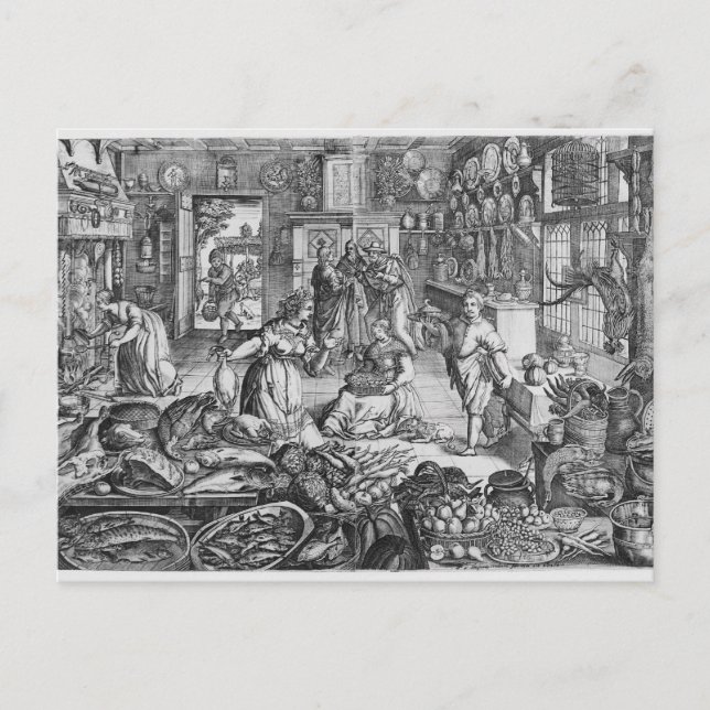 Kitchen scene in the early seventeenth century postcard (Front)