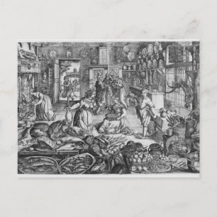 Kitchen scene in the early seventeenth century postcard
