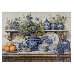  Kitchen Shelf  Blue White Dishes Oranges Cutting Board